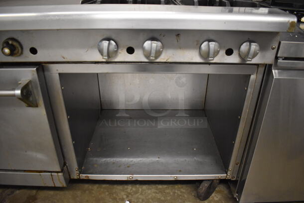 Imperial Stainless Steel Commercial Natural Gas Powered 4 Burner Range, Flat Top Griddle, Oven, Over Shelf and Back Splash on Commercial Casters. 60x31x57 - Image 3 of 7