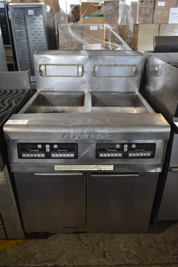 Frymaster FPP245ECSC Stainless Steel Commercial Natural Gas Powered 2 Bay Deep Fat Fryer w/ Filtration System. 122,000 BTU.  - Image 1 of 10