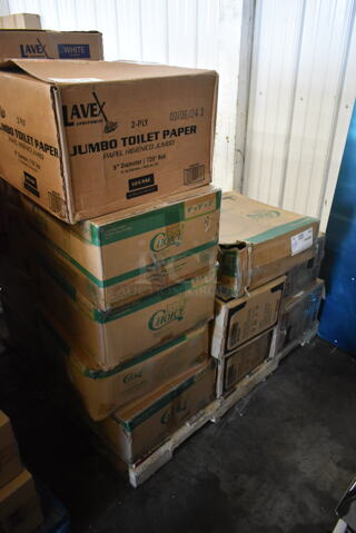 PALLET LOT of 18 BRAND NEW! Boxes Including 5002TPJ Lavex 2-Ply Jumbo Toilet Paper Roll with 9" Diameter, 720 Feet / Roll - 12/Case, 395TO993PF EcoChoice 9" x 9" x 3" Compostable Sugarcane / Bagasse 3 Compartment Takeout Container - 200/Case, 2 Box 395TO881 EcoChoice 8" x 8" x 3" Compostable Sugarcane / Bagasse 1 Compartment Take-Out Box - 200/Case, 130BKFSH Visions Wrapped Black Heavy Weight Plastic Cutlery Pack, 2 Box Lavex White M-Fold (Multifold) Towel - 4000/Case,  2 Box PP206-BK Hinge Containers, ChoiceHD 12 oz. Microwavable Translucent Plastic Deli Container and Lid Combo Pack - 240/Case. 18 Times Your Bid!