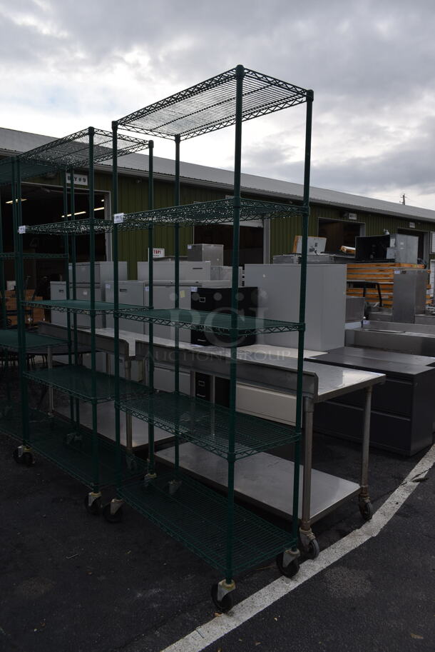 Green Finish 5 Tier Wire Shelving Unit on Commercial Casters. BUYER MUST DISMANTLE. PCI CANNOT DISMANTLE FOR SHIPPING. PLEASE CONSIDER FREIGHT CHARGES. - Image 1 of 2