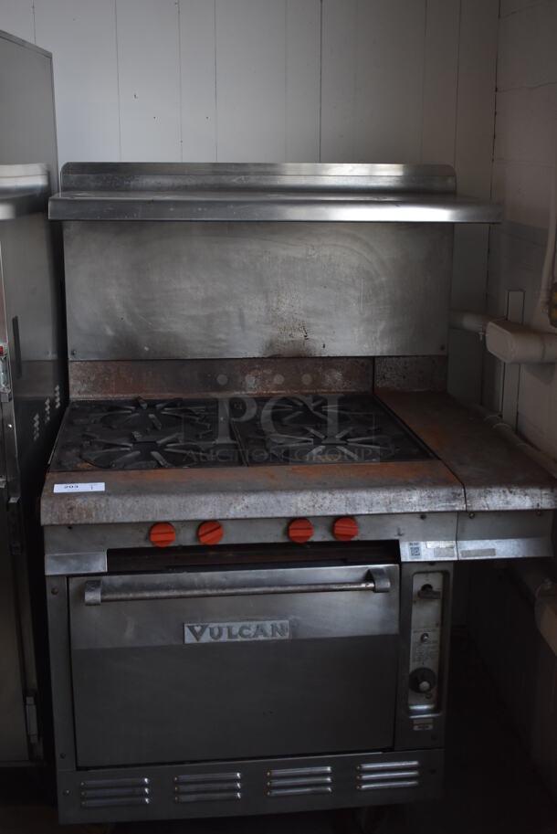 Vulcan Stainless Steel Commercial Natural Gas Powered 4 Burner Range w/ Oven, Over Shelf and Back Splash on Commercial Casters. 43.5x40x61 - Image 3 of 11