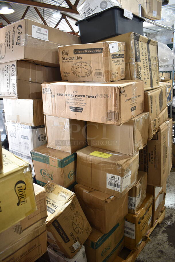 PALLET LOT of 39 BRAND NEW Boxes Including 127RD16COMBO Choice 16 oz. Customizable Microwavable Clear Round Deli Container and Lid Combo Pack - 250/Case, 128HD8COMBO ChoiceHD 8 oz. Microwavable Translucent Plastic Deli Container and Lid Combo Pack - 240/Case, 12 Queen Fitted Sheet, 2 Box 347TCL10 Choice 10 oz. Clear Disposable Plastic Tumbler - 500/Case, 433NHT101H Choice 1/6 Standard Size White "Thank You" Medium-Duty Plastic T-Shirt Bag - 1000/Case, 612P558 Choice 8" Clear Round Plastic Dome Lid - 500/Case, 130BSPOON Choice Medium Weight Black Plastic Teaspoon - 1000/Case, 2 Box 395RPO78 Choice 7" Plates, 5003DNAPRED Creative Converting 591031B Classic Red 3-Ply Paper Dinner Napkin - 250/Case, 66CL500 Greenprint Burger Box, 347RP9WHSS Visions Wave 9" White Plastic Plate - 180/Case, Choice Take Out Lids, Choice 2 oz Portion Cups, 500TW5 Choice 5 oz. Translucent Thin Wall Plastic Cold Cup - 2500/Case, 433SLINERBL Baker's Lane 16" x 24" Full Size Silicone Coated Parchment Paper Bun / Sheet Pan Liner Sheet - 1000/Case. 39 Times Your Bid! - Image 1 of 12
