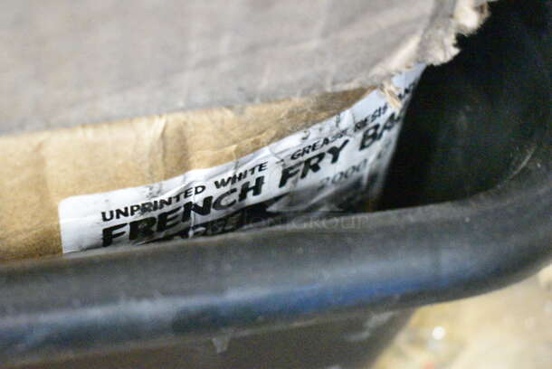 PALLET LOT of 25 BRAND NEW Boxes Including 500MF883W1C Choice 8" x 8" 1-Compartment Microwaveable White Mineral-Filled Plastic Hinged Take-Out Container - 150/Case, Dart 20J16 20 oz. White Customizable Foam Cup - 500/Case, 164TB3030 Lancaster Table & Seating 30" x 30" Cross Cast Iron Table Base Plate, Tin Trash Can Lids, 395TO991 EcoChoice 9" x 9" x 3" Compostable Sugarcane / Bagasse 1 Compartment Take-Out Box - 200/Case, French Fry Bags, 2 Box 500COLLAR8BR EcoChoice 8 oz. Kraft Coffee Cup Sleeve / Jacket / Clutch - 1200/Case, 460EC18UHAND Regency 18" NSF Chrome Utility Cart Handle, 2 Box 105GC36321 Choice 1 Part Green and White Guest Check with Bottom Guest Receipt - 50/Case, 2 Box 500MF883B1C Choice 8" x 8" 1-Compartment Microwaveable Black Mineral-Filled Plastic Hinged Take-Out Container - 150/Case, Regency 600SPL2424R Regency 15" High Stainless Steel Mop Sink Backsplash and Right Side Splash for 24 x 24" Mop Sink. 25 Times Your Bid!  - Image 8 of 12