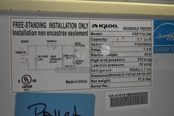 Igloo FRF710-SM ENERGY STAR Metal Chest Freezer w/ Hinge Lid. 115 Volts, 1 Phase. Tested and Working!  - Image 4 of 4