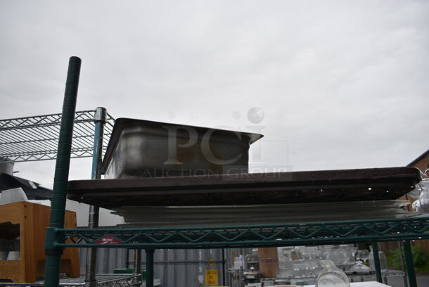 ALL ONE MONEY! Lot of Green Finish 4 Tier Shelving Unit on Commercial Casters w/ All Contents Including Glasses, Poly Bins, Bar Mats. BUYER MUST DISMANTLE. PCI CANNOT DISMANTLE FOR SHIPPING. PLEASE CONSIDER FREIGHT CHARGES. 60x24x80 - Image 3 of 10