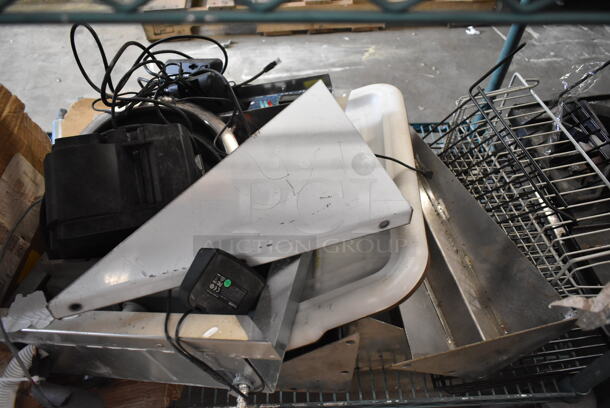 ALL ONE MONEY! Metro Lot of Various Items Including Fry Baskets, Stainless Steel Drop In Bin, Chafer Lid, Sink Strainers, Receipt Printer, Metal. Does Not Include Shelving Unit.  - Image 5 of 12