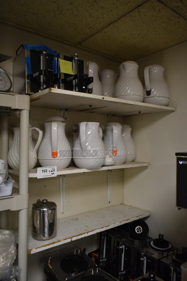 ALL ONE MONEY! Lot of Items on 3 Shelves Including Poly Coffee Urns. (ice room)