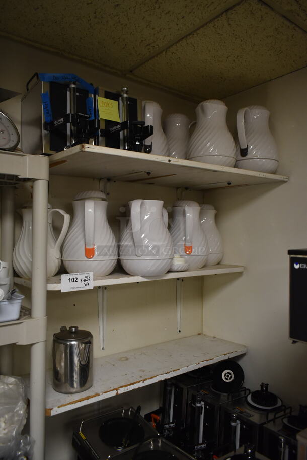 ALL ONE MONEY! Lot of Items on 3 Shelves Including Poly Coffee Urns. (ice room) - Image 1 of 4