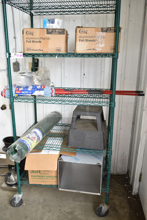 ALL ONE MONEY! Lot of 4 Tiers of Various BRAND NEW Items Including Ateco Baking Cups, 2 Box 12212105CS Choice Food Service Interfolded Pop- Up Foil, Adcraft FBR-11571 Metal Fry Baskets, 2 O-Cedar Microtwist Max Mop, Poultry Fence, Stepstool, Bell Marque Dispenser Napkins and Metal Bin. Does Not Include Shelving Unit.  - Image 1 of 12