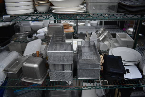 ALL ONE MONEY! Lot of Green Finish 4 Tier Shelving Unit on Commercial Casters w/ All Contents Including Stainless Steel Drop In Bins, White Ceramic Dishes, Blue Poly Lettuce Spinner, Poly Lids. BUYER MUST DISMANTLE. PCI CANNOT DISMANTLE FOR SHIPPING. PLEASE CONSIDER FREIGHT CHARGES. 72x21x69 - Image 5 of 9