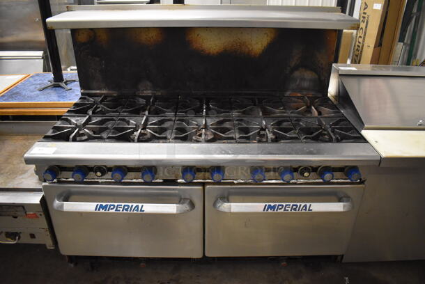 Imperial Stainless Steel Commercial Natural Gas Powered 10 Burner Range w/ 2 Ovens, Over Shelf and Back Splash on Commercial Casters. 60x32x56 - Image 2 of 7
