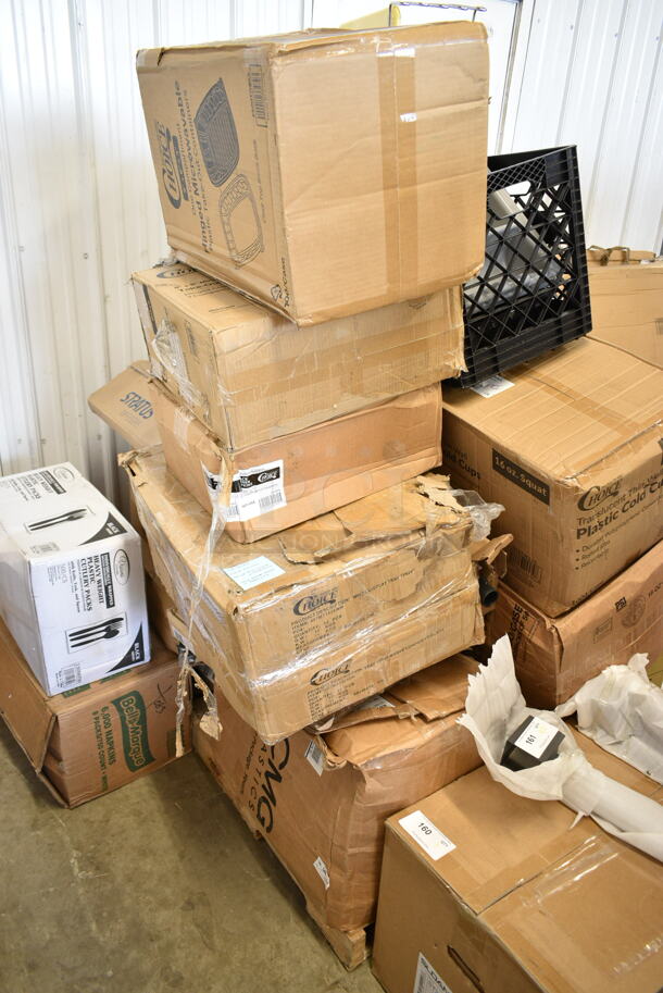 PALLET LOT of 27 BRAND NEW Boxes Including 130BKFSH Visions Wrapped Black Heavy Weight Plastic Cutlery Pack with Knife, Fork, and Spoon - 500/Case, Bell Marque Napkins, 5008W Choice 8 oz. Tall White Poly Paper Hot Cup - 1000/Case, 496STRPQ8W American Louver Company Stratus White Plaque Diffuser with 8" Neck STR-PQ-8W, 511CBG1218YL San Jamar CBG121812YL Saf-T-Grip® 18" x 12" x 1/2" Yellow Cutting Board with Hook, 130HBKCUTFW Visions Individually Wrapped Black Heavy Weight Plastic Fork - 1000/Case, 500CMFB83181C Take Out Containers, 500TO963 Choice 9" x 6" x 3" Microwaveable 1-Compartment Black / Clear Plastic Hinged Container - 100/Case, 2 Box 407MT1826WH Choice 18" x 26" White Bakery Display / Market Tray, 500TW Choice 16 oz. Translucent Thin Wall Squat Plastic Cold Cup - 1000/Case, 247FP124BK Vigor 1/2 Size Black Polycarbonate Food Pan - 4" Deep, 407CBP4GY Choice Gray 4-Compartment Plastic Cutlery Box / Flatware Bin with Handles, Solo 626TS Clear Flat Lid with Straw Slot - 1000/Case, CCS1800.CL Fineline CCS1800 Platter Pleasers 18" Clear Scalloped Plastic Catering Tray - 36/Case, 50016C Coffee Cups Printed, 500CC24HD 24 oz. Plastic Cold Cup - 600/Case. 27 Times Your Bid! - Image 1 of 12