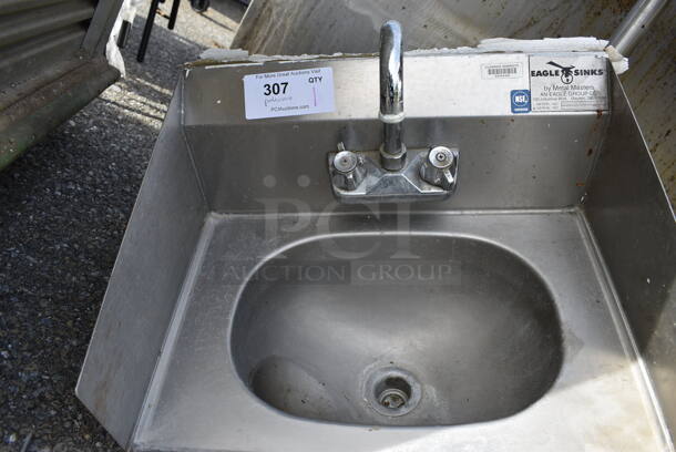 Eagle Stainless Steel Commercial Single Bay Wall Mount Sink w/ Faucet, Handles and Side Splash Guards. 19x15x20 - Image 3 of 4