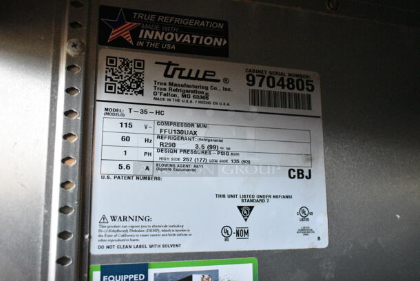 2019 True T-35-HC Stainless Steel Commercial 2 Door Reach In Cooler w/ Poly Coated Racks. 115 Volts, 1 Phase. Tested and Powers On But Does Not Get Cold - Image 5 of 5