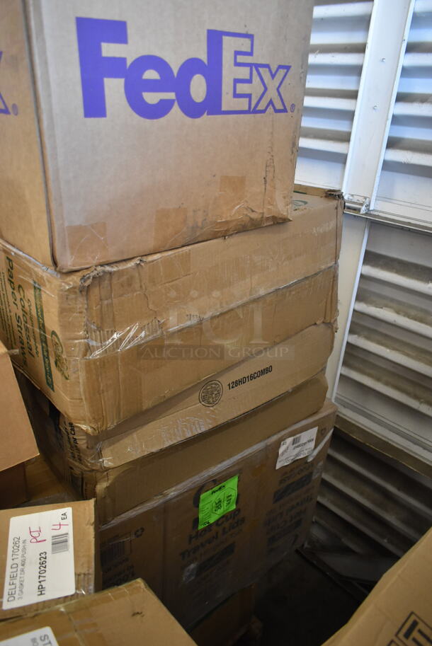 PALLET LOT of 35 BRAND NEW! Boxes Including 347RSG1 Choice 1 oz. Clear Plastic Shot Glass - 2500/Case, Lavex Multi-Fold Towels, GGC-023 Tuxton GGC-023 TuxTrendz Artisan Geode Coral 13 1/4" x 11" Oval China Platter - 12/Case, 5002CPTENAT Lavex 2-Ply Natural Kraft Center Pull Economy Paper Towel 510' Roll - 6/Case, 5002DNAP NAPKIN 15X16.53 2PLYWH 3M 5002DNAP CHOICE, 966TALLFLDN Choice Kraft Natural Tall-Fold 6" x 13" Dispenser Napkin - 8000/Case, Arcoroc Glasses, 3 Box Choice Black Hot Paper Cup Travel Lid with Hinged Tab for 10-24 oz. Standard Cups and 8 oz. Squat Cups - 1000/Case, HP1702623 Delfield 1702623 Gasket,Dr,400,Push-In, 105RR01084 Point Plus 3 1/4" x 243' Traditional Cash Register POS Paper Roll Tape - 48/Case, 433CARRIER4 Pulp Fiber 4 Cup Carrier - 300/Case. 35 Times Your Bid! - Image 4 of 7