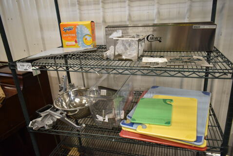 ALL ONE MONEY! Lot of Various BRAND NEW Items Including 63299036Swiffer® Dusters 99036 Cleaner Refills Unscented - 18/Box, 407BTH6 Choice Six Hole Squeeze Bottle Holder for 1/3 Size Pans, Metal Bowl, Hopper, 511CBG912GN San Jamar Saf-T-Grip 12" x 9" x 3/8" Green Cutting Board with Hook CBG912GN, 511CBG1218YL San Jamar CBG121812YL Saf-T-Grip 18" x 12" x 1/2" Yellow Cutting Board with Hook, 511CBG1824BL San Jamar CBG182412BL Saf-T-Grip® 24" x 18" x 1/2" Blue Cutting Board with Hook, 511CBG1824YL San Jamar CBG182412YL Saf-T-Grip® 24" x 18" x 1/2" Yellow Cutting Board with Hook, 511CBG1824RD San Jamar CBG182412RD Saf-T-Grip® 24" x 18" x 1/2" Red Cutting Board with Hook. Does Not Include Shelving Unit. 