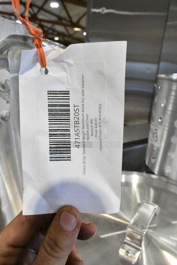 3 BRAND NEW SCRATCH AND DENT! Items Including 471ASTB20 Choice 20 Qt. Aluminum Stock Pot Steamer Basket, 471ASTB20ST Choice 20 Qt. Standard Weight Aluminum Stock Pot with Steamer Basket and Cover, Metal Stock Pot. 3 Times Your Bid!  - Image 8 of 9