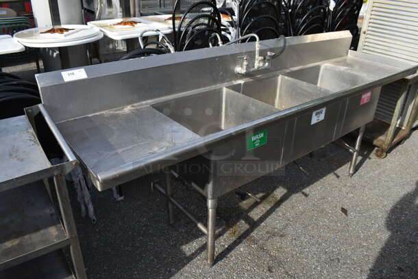 Stainless Steel Commercial 3 Bay Sink w/ Dual Drain Boards and Handles. 98x27x40. Bays 20x20x12. Drain Boards 19x24x1 - Image 6 of 6