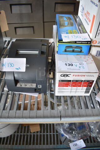 3 BRAND NEW SCRATCH AND DENT! Items; Epson M188B Receipt Printer, Swingline 74133 Smarttouch 20 Low Force Punch, Swingline GBC 1703072 Fusion 1000L 9" Laminator. 3 Times Your Bid!