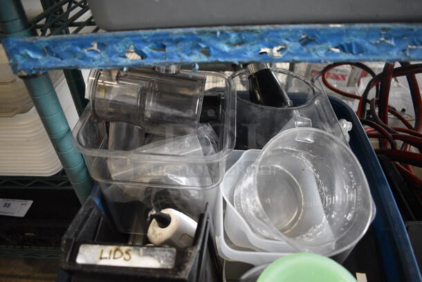 ALL ONE MONEY! Lot of 3 Bins of Various Items Including Jumper Cables, Wicker Chargers, Metal 3 Drawer, Glass Liquid Measuring Cup and Poly Items! - Image 6 of 7