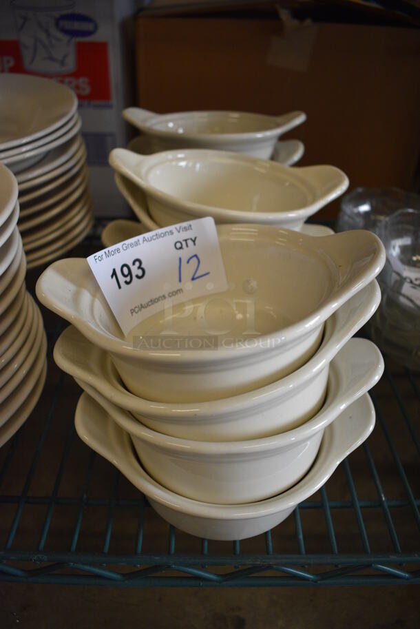 12 White Ceramic Bowls w/ Handles. 7.5x5.5x2. 12 Times Your Bid!