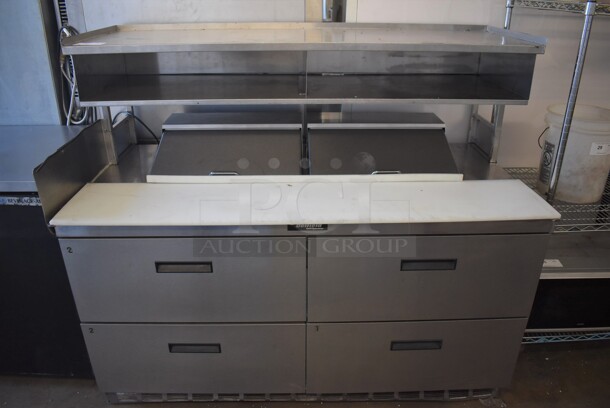 Delfield Stainless Steel Commercial Sandwich Salad Prep Table Bain Marie Mega Top w/ 4 Drawers and Over Shelf on Commercial Casters. 115 Volts, 1 Phase. 64x34x56. Tested and Working! - Image 1 of 8