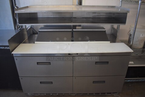 Delfield Stainless Steel Commercial Sandwich Salad Prep Table Bain Marie Mega Top w/ 4 Drawers and Over Shelf on Commercial Casters. 115 Volts, 1 Phase. 64x34x56. Tested and Working!