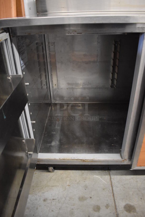 2011 Duke RBC-60M Stainless Steel Commercial 2 Door Work Top Cooler w/ Wood Pattern Doors on Commercial Casters. 120 Volts, 1 Phase. 60x30x40. Tested and Working! - Image 5 of 8