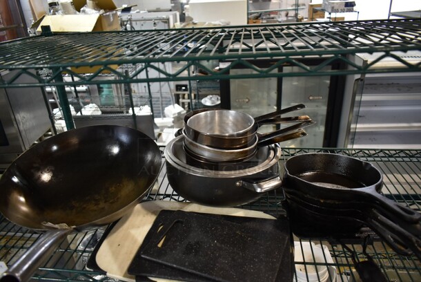 ALL ONE MONEY! Tier Lot of Various Items Including Sauce Pans and Cast Iron Skillets. 