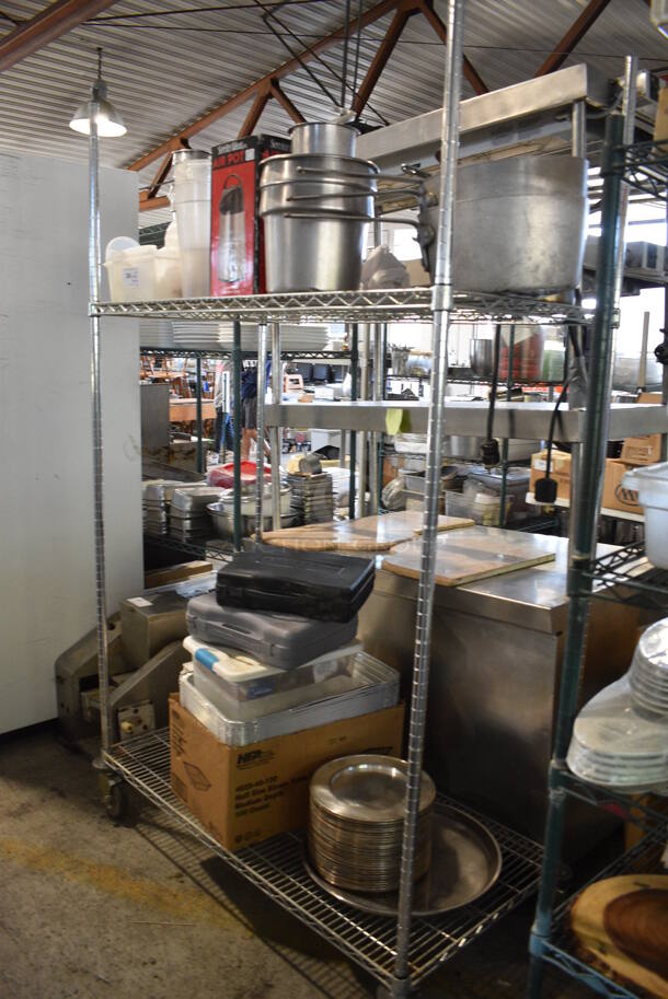 ALL ONE MONEY! Metro Lot of 2 Tiers of Various Items Including Air Pot, Metal Bins, Sauce Pans and Metal Round Trays. Does Not Include Metro Shelving Unit - Image 1 of 10