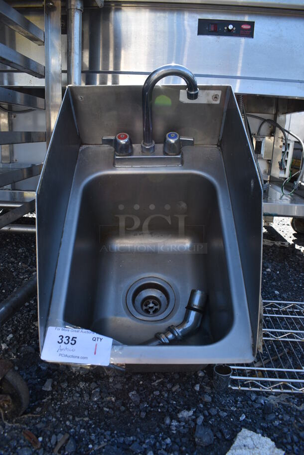 Stainless Steel Commercial Single Bay Wall Mount Sink w/ Faucet, Handles and Side Splash Guards. 13x18x26