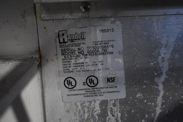 Randell 9050K-7M Stainless Steel Commercial Sandwich Salad Prep Table Bain Marie Mega Top w/ 2 Drawers, 2 Doors and Double Over Shelf on Commercial Casters. 115 Volts, 1 Phase. 84x33x68.5. Tested and Working! - Image 8 of 8