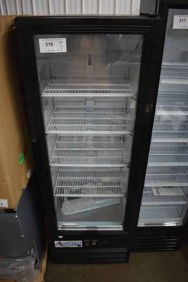 Avantco 178GDC10HCB Metal Commercial Single Door Reach In Cooler Merchandiser w/ Poly Coated Racks. 115 Volts, 1 Phase. 22x23x63. Tested and Does Not Power On