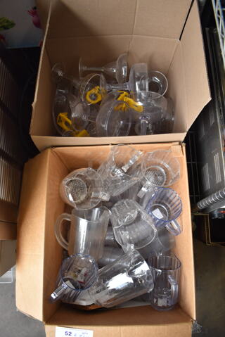 ALL ONE MONEY! Lot of 2 Bins of Various Items Including Poly Margarita Glasses and Pitchers