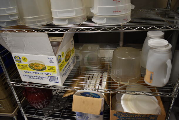 Metro Chrome Finish 5 Tier Wire Shelving Unit w/ Contents Including Poly Bins. BUYER MUST REMOVE: BUYER MUST DISMANTLE. PCI CANNOT DISMANTLE FOR SHIPPING. PLEASE CONSIDER FREIGHT CHARGES. (ice room) - Image 3 of 6