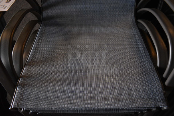 8 Metal Gray Outdoor Patio Chairs w/ Blue Seat and Arm Rests. BUYER MUST REMOVE. 22x24x36. 8 Times Your Bid! (Susquehanna Ale House) - Image 4 of 4