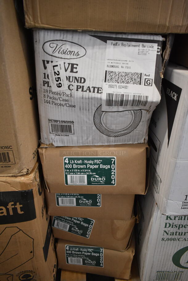 PALLET LOT of 25 BRAND NEW Boxes Including 500TO10103C3 Choice 10" x 10" x 3" Microwaveable 3-Compartment Black / Clear Plastic Hinged Container - 100/Case, 433BR141016C Choice 14" x 10" x 15 3/4" Natural Kraft Paper Customizable Shopping Bag with Handles - 200/Case, 795PTOKFT4 Choice Kraft Microwavable Folded Paper #4 Take-Out Container 7 7/8" x 5 1/2" x 3 1/2" - 160/Case, 4 Box 70204 Duro Husky Dubl Life 4 lb. Heavy Duty Brown Bag - 400/Bundle, 966TALLFLDN Choice Kraft Natural Tall-Fold 6" x 13" Dispenser Napkin - 8000/Case, 130HBKCUTTW Visions Individually Wrapped Black Heavy Weight Plastic Teaspoon - 1000/Case, 147RP10WH99 Visions Round Plates, 612LOB225LBC Choice 2.25 lb. Oblong Foil Take-Out Container with Board Lid - 250/Case, 394365L Noble Products Powder-Free Disposable Clear Vinyl Gloves for Foodservice - Large - 1000/Case, 600WS1548HD Regency 16 Gauge Stainless Steel 15" x 48" Heavy-Duty Solid Wall Shelf, 500CC9 Choice 9 oz. Clear PET Customizable Plastic Squat Cold Cup - 1000/Case, 21435CLRHPAM Cambro 35CLRHP150 H-Pan™ 1/3 Size Amber High Heat Plastic Colander Pan - 5" Deep, 500CC12 Choice Clear PET Customizable Plastic Cold Cup - 12 oz. - 1000/Case. 25 Times Your Bid! - Image 7 of 10