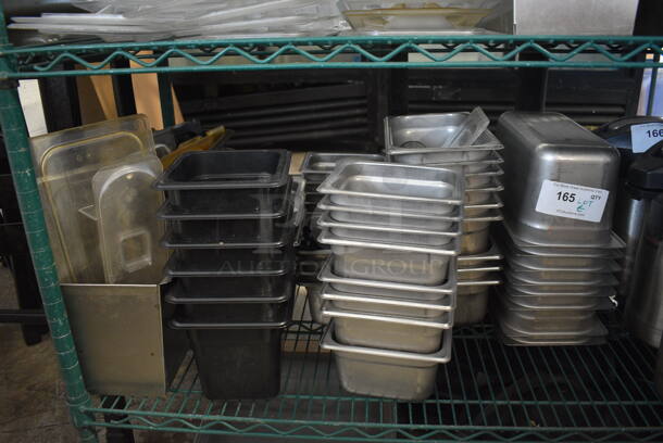 ALL ONE MONEY! Lot of Steel And Black Drop In Bins In Variety of Sizes and Plastic Lids In Variety of Sizes.