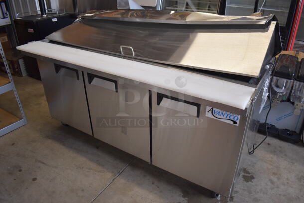 BRAND NEW SCRATCH AND DENT! Avantco 178APT71MHC Stainless Steel Commercial Sandwich Salad Prep Table Bain Marie Mega Top on Commercial Casters. 115 Volts,  Phase. 71x36x47. Tested and Working! - Image 2 of 11