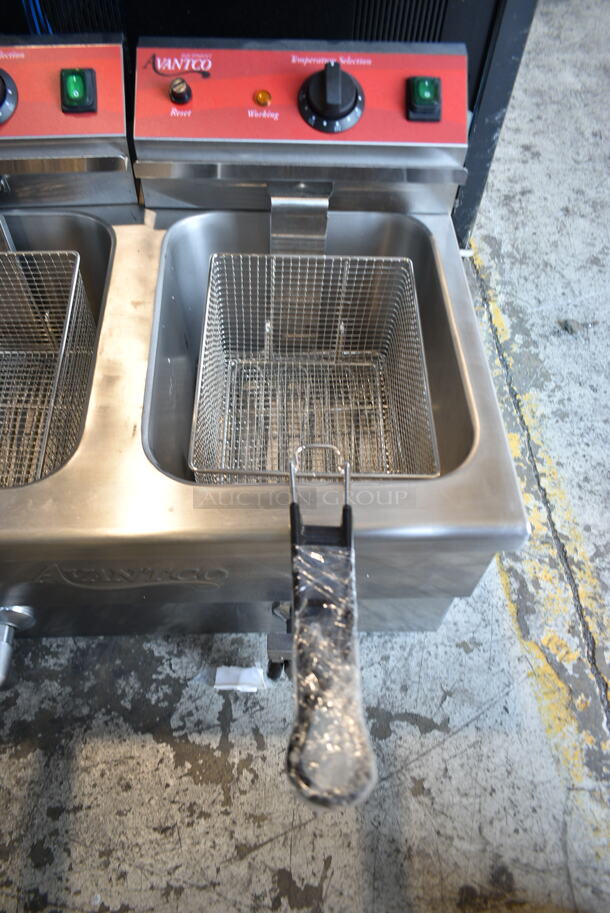 BRAND NEW SCRATCH AND DENT! 2023 Avantco 177F202 Stainless Steel Commercial Countertop Electric Powered 2 Bay Deep Fat Fryer w/ 2 Metal Baskets and 1 Lid. 208-240 Volts, 1 Phase.  - Image 8 of 10