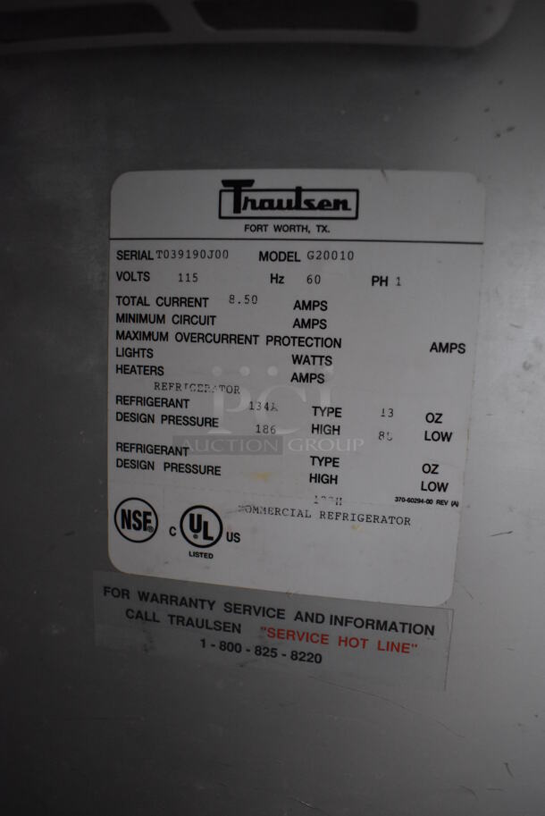 Traulsen G20010 Stainless Steel Commercial 2 Door Reach In Cooler on Commercial Casters. 115 Volts, 1 Phase. 52x34x82. Tested and Working! - Image 6 of 7