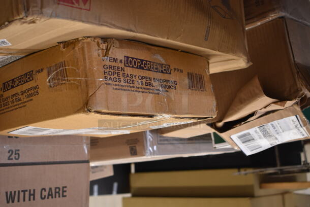 PALLET LOT of 28 BRAND NEW Boxes Including 394360M Noble Products Powdered Disposable Vinyl Gloves for Foodservice - 1000/Case, 4 Box 5004DNAPFLTN Choice Touchstone Natural Linen-Feel Flat-Packed Dinner Napkin 16" x 16" - 500/Case, 612FHL1230 Choice Foil Steam Table Pan Lid - Half Size - 100/Case, 500CC16HD 16 oz. Plastic Cold Cup - 1000/Case, 2 Box 626TS Solo 626TS Clear Flat Lid with Straw Slot - 1000/Case, 2 Box 795PTOKFT3 Choice Kraft Microwavable Folded Paper #8 Take-Out Container 6" x 4 5/8" x 2 1/2" - 300/Case, 2 Box 500TW12 Choice 12 oz. Translucent Thin Wall Plastic Cold Cup - 1000/Case, 274MOPBCKTYE Lavex Yellow Mop Bucket, 433L32C Choice Quart Size Natural Kraft Paper Bag - 500/Case, 130SVFRK480B Visions Silver 7" Heavy Weight Plastic Fork with Black Handle - 480/Case, C25UT1 Dart C25UT1 StayLock® 6 1/8" x 6 1/2" x 3 1/4" Clear Hinged Plastic 6" Square Container - 500/Case, LOOP-GREEN-EO Green Shopping Bags, Choice Medium Weight Black Wrapped Plastic Cutlery Set with Napkin - 250/Case. 28 Times Your Bid! - Image 11 of 12
