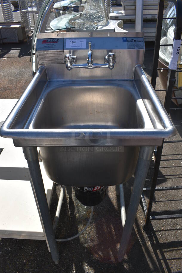 Eagle Stainless Steel Commercial Single Bay Sink w/ Insinkerator Garbage Disposal, Faucet and Handles. 22x26x44.5