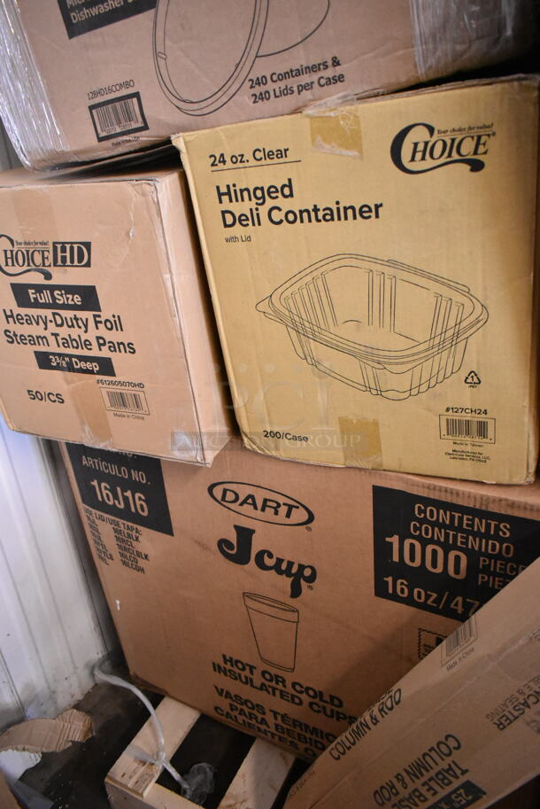 PALLET LOT of 21 BRAND NEW Boxes Including 2 Box Choice Tallfold Dispenser Napkins, 129MCR32B Choice 32 oz. Black Round Microwavable Heavy Weight Container with Lid 7 1/4" - 150/Case, 17612STPNLCL Choice 12 oz. Clear SAN Plastic Paneled Tumbler - 12/Pack, 127CH24 Choice 24 oz. Clear RPET Hinged Deli Container - 200/Case, 612605070HD Choice Full Size Heavy-Duty Foil Steam Table Pan Deep 3 3/8" Depth - 50/Case, Dart 16J16 16 oz. White Customizable Foam Cup - 1000/Case, 128HD16COMBO ChoiceHD 16 oz. Microwavable Translucent Plastic Deli Container and Lid Combo Pack - 240/Case. 21 Times Your Bid! - Image 5 of 8