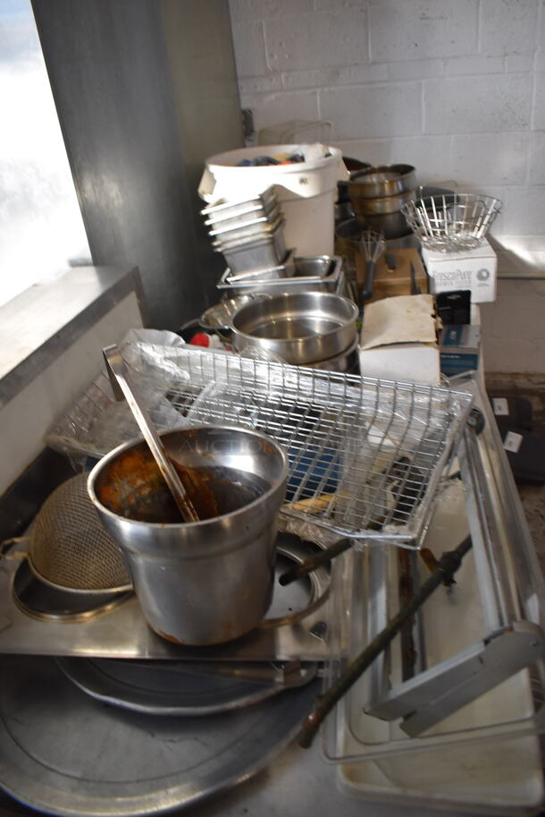 ALL ONE MONEY! Tabletop Lot of Various Items Including Stool Seats, Metal Bins, Poly Bins, Cuisinart Food Processor, Stainless Steel Drop In Bins - Image 3 of 12