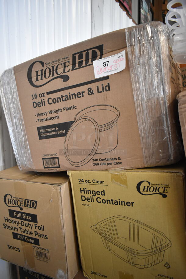 PALLET LOT of 21 BRAND NEW Boxes Including 2 Box Choice Tallfold Dispenser Napkins, 129MCR32B Choice 32 oz. Black Round Microwavable Heavy Weight Container with Lid 7 1/4" - 150/Case, 17612STPNLCL Choice 12 oz. Clear SAN Plastic Paneled Tumbler - 12/Pack, 127CH24 Choice 24 oz. Clear RPET Hinged Deli Container - 200/Case, 612605070HD Choice Full Size Heavy-Duty Foil Steam Table Pan Deep 3 3/8" Depth - 50/Case, Dart 16J16 16 oz. White Customizable Foam Cup - 1000/Case, 128HD16COMBO ChoiceHD 16 oz. Microwavable Translucent Plastic Deli Container and Lid Combo Pack - 240/Case. 21 Times Your Bid! - Image 6 of 8