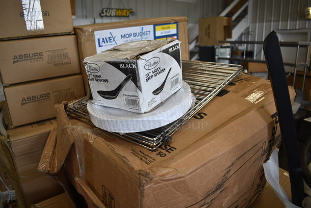 PALLET LOT of 15 BRAND NEW Boxes Including 50016W Choice 16 oz. White Poly Paper Hot Cup - 1000/Case, 130SPNASIABK Visions 5 1/2" Black Plastic Asian Soup Spoon - 200/Case, 176BSKT117RD Choice 11" x 7" x 1 1/2" Red Oval Plastic Fast Food Basket - 12/Pack, 3 Box Assure 190FLSTR105 10" Flanged Floor Drain Strainer (3/16" Perforations), 9 Box 475DW9HRSDBK Lancaster Table & Seating 9 Gallon Black Powder-Coated Metal Half Round Decorative Waste Receptacle with Side Opening, Lavex 274MBCKT26YL Lavex 26 Qt. Yellow Mop Bucket and Side Press Wringer Combo, BioStar Can Liners, 966TALLFLDB Choice White Tall-Fold 6" x 13" Dispenser Napkin - 8000/Case, 8 Box 347RPBD7WHGD Visions 7" White Plastic Plate with Gold Bands - 150/Case, 3 Box Choice Plastic Deli Saddle Bag, 267810005G Acopa Phoenix Gold 8 1/4" 18/0 Stainless Steel Forged Dinner Fork - 12/Case, 2 Box 394385L Noble Large Gloves, GET R-15SS200 1.5 oz. Stainless Steel Condiment Cup - 12/Case. 15 Times Your Bid! - Image 3 of 12