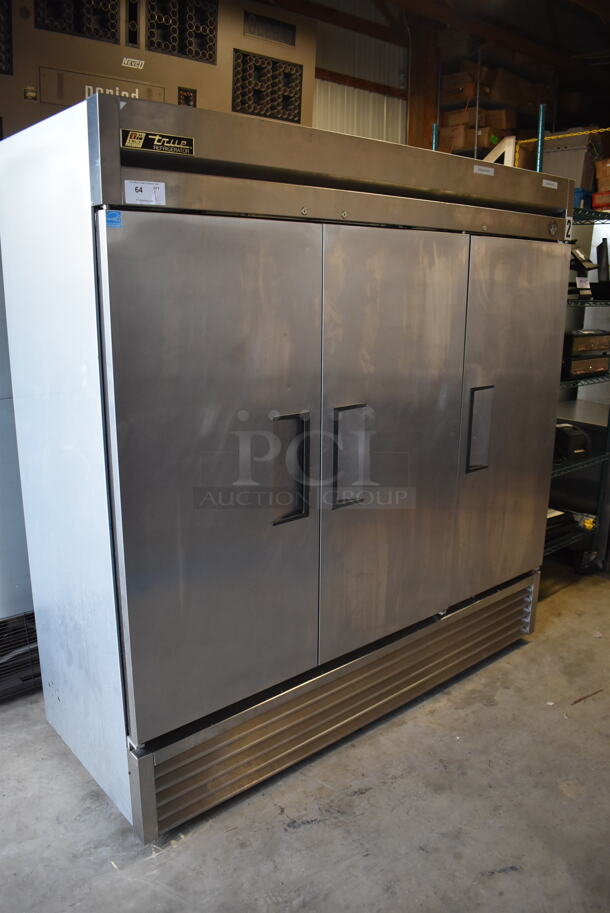 2012 True T-72 ENERGY STAR Stainless Steel Commercial 3 Door Reach In Cooler. Comes w/ Commercial Casters. 115 Volts, 1 Phase. 78x30x79. Tested and Working!