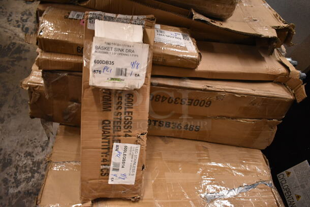 ALL ONE MONEY! Lot of 3 BRAND NEW Items Including 600DB35 Regency 3 1/2" Basket Drain with Strainer - 1 1/2" IPS, 600LEGSS14 Regency 18 1/2" Stainless Steel Leg for Sinks and 600LEGALV451 Galvanized Steel Leg for Equipment Stands and Mixer Tables - 5" Casters Required - Image 1 of 6