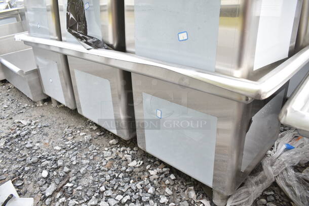 2 BRAND NEW SCRATCH AND DENT! Regency 600S31515 54" 16-Gauge Stainless Steel Three Compartment Commercial Sink with Galvanized Steel Legs and without Drainboards - 15" x 15" x 12" Bowls. No Legs. 2 Times Your Bid!  - Image 4 of 9